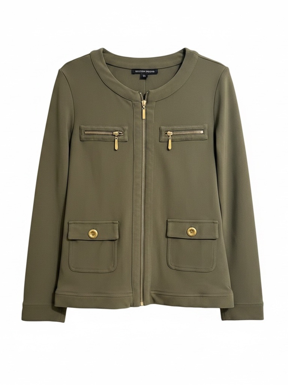Boston Proper Olive Zip-Front Blazer with Gold Hardware